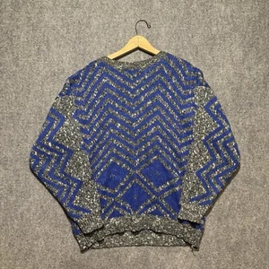 VTG 90’s Knitted Sweater Men’s M Grey Blue Y2K Patterned Striped Pullover - Picture 1 of 7