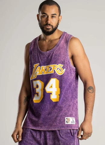 LA Lakers #34 Shaq O'Neil Mitchell & Ness "Acid-Wash" Basketball Jersey Cover