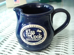 3" Deneen Pottery CREAMER PITCHER. Pot Belly. COBALT BLUE. "KISS THE COOK" - Picture 1 of 5