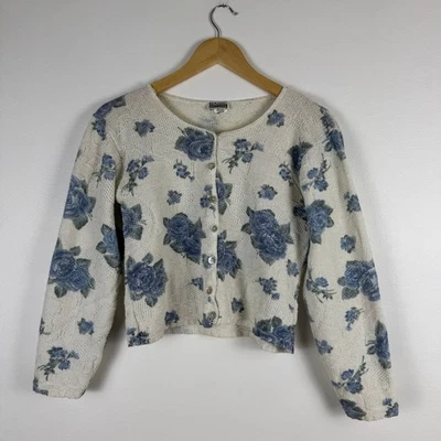 ¡De colección! Cárdigan Suéter Basic Editions Para Mujer Azul Crema Floral Botón Frontal M EE. UU. Foto 1 de 4