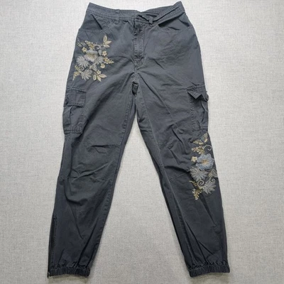 Calça cargo feminina bordada floral Sundance tamanho 2 cinza utilitária estilo boho - Imagem 1 de 4