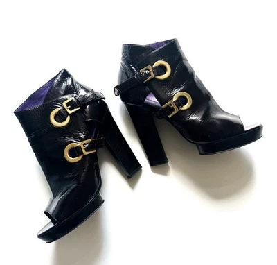 Botines Sergio Rossi de charol arrugado punta abierta hebillas doradas 38 Foto 1 de 4