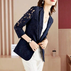 Women Lace Floral Blazer Spliced Hollow Suit Jacket Slim Fit Outerwear Top - Picture 1 of 9