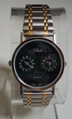 男士金色和银色饰面时尚 2 时区(双时间)正装休闲手表 — 第 1/4 张图片