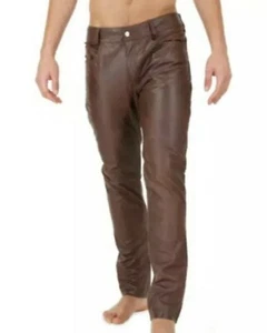 Mens Biker Jeans Real Brown Or  Cow Leather Sleek And Sexy 501 Style Pants New - Picture 1 of 7