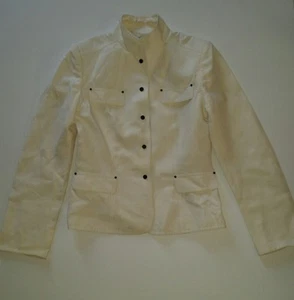 Womens TAHARI Linen Blend Military Style Jacket Size 4 Mandarin Neck Snap Cream - Picture 1 of 10