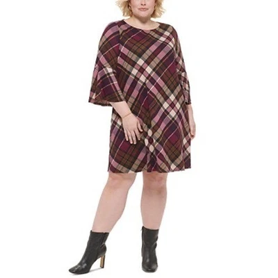 Jessica Howard Women's 2X Plaid Flared Sleeve Dress Purple Beige Brown NWT - Image 1 of 4