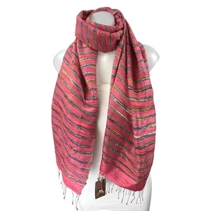 NEW Shinawatra Red Multicolor Striped 100% Silk Fringe Shawl Wrap Scarf OS - Picture 1 of 4