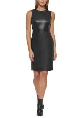 New Size 12 Calvin Klein Elegant Women's Sheath Dress BLACK  Faux Leather - Image 1 of 4