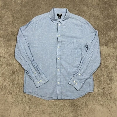 H&M Mens Linen Blend Button Up Shirt XL Slim Fit Long Sleeve Light Blue Casual - Image 1 of 4
