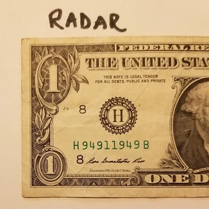 RADAR One Dollar Bill Palindrome 1949 Fancy Serial Number US 2013 H St Louis BEP - Picture 1 of 4