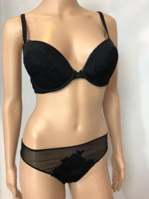 NWT La Perla Lingerie Black Push Up Plunge Bra Thong Panty Lace Set 2 Pieces  44 - Image 1 of 4