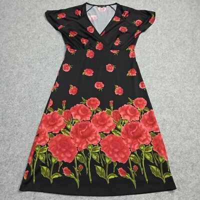 King Louie Robe Femmes D-38 Taille M Noir Rouge Floral Jersey Stretch Genou Long - Photo 1/4