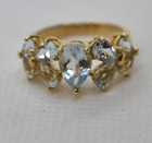 Vintage Gold over Sterling Silver Ring Light Aqua Colored Glass Stones Size 6.75