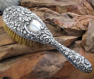 Dominick & Haff Sterling Silver Floral Repousse Hair Brush Clothes Vanity Scroll - Picture 1 of 15
