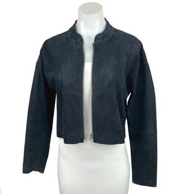 Chaqueta Bomber Sandro Negra Cuero Gamuza Recortada Espalda Cremallera Manga Larga Talla S Foto 1 de 4