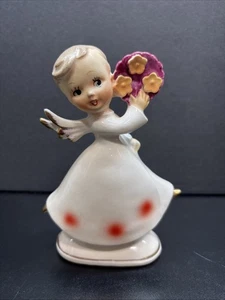 Vintage Dancing Ceramic Angel Holding Floral Tamborine Polka Dot Figurine - Picture 1 of 5