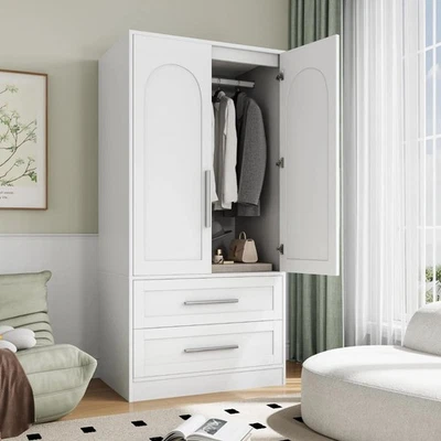 Armario armario de madera blanco moderno de 2 puertas con estante 2 cajones Foto 1 de 4