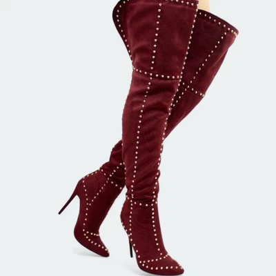 Thigh High Studded Stiletto Burgundy Boots Womens Size 7 - Imagem 1 de 4