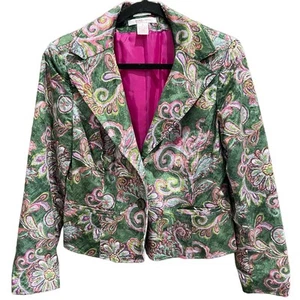 EUC Nine West Corduroy Y2K Pink Green Floral Paisley Pattern Retro Blazer 12 - Picture 1 of 6