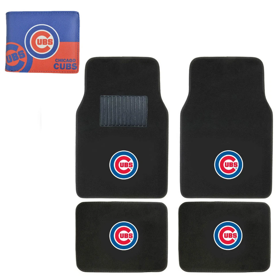 Juego de alfombrillas y billetera de cuero sintético MLB Chicago Cubs para auto camión Foto 1 de 4