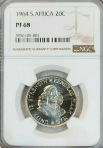 1964 SOUTH AFRICA SILVER 20 CENTS NGC PF 68 PQ RARE BEAUTIFUL GEM TOP POP - Picture 1 of 4