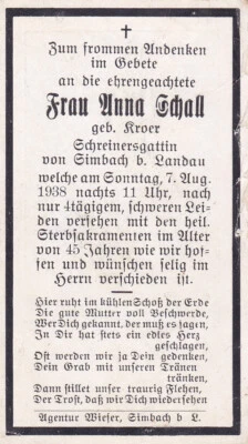 Totenzettel Anna Schall, +1938 in Simbach / Landau Isar - Bild 1 von 2