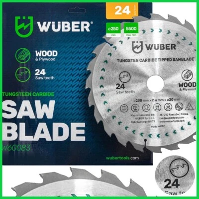 WÜBER HM Kreissägeblatt Sägeblatt Holz 250x30mm 24 Zähne Tischkreissäge Hartmetall