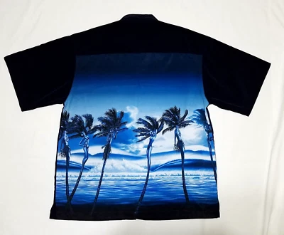 Rietveld Hawaiian Shirt Mens LARGE (Fits MED) Black Blue Palm Trees Pin-up Girls - Image 1 of 4