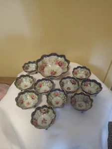 Antique Japan Hand Painted Roses FlScalloped Cobalt Blue 6" Nut Bowl & Ten 3"   - Picture 1 of 7