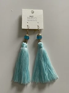New DaVinci Sky Blue and Gold Tassel Earrings 4.5" Fish Hook Beaded Statement - Picture 1 of 5