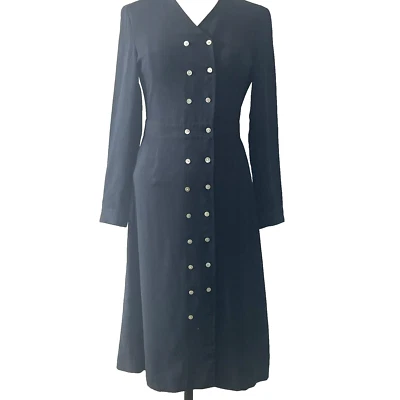 VTG Laura Ashley 100% Silk Classic Black Dress Women Sz 8 Double Breasted Style - Image 1 of 4