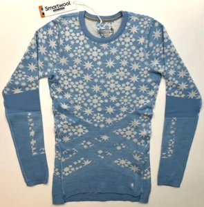 Women's SMARTWOOL Intraknit Thermal Merino Base Layer Pattern Crew BLUE-WHITE - Picture 1 of 2