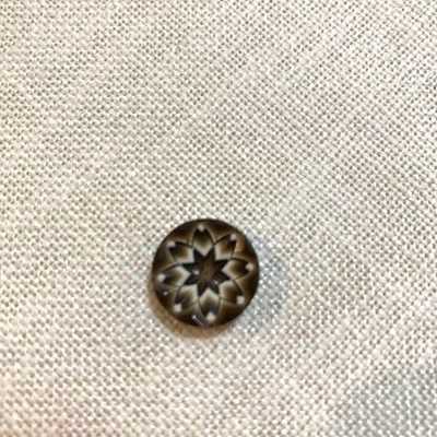 Vintage Brown Carved Button with Depth and Pattern, 4mm Thick, Used - Image 1 of 4