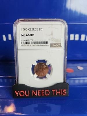 1990 Greece 1 Drachma NGC MS66 RD — Brilliant BU Certified Coin - Image 1 of 2