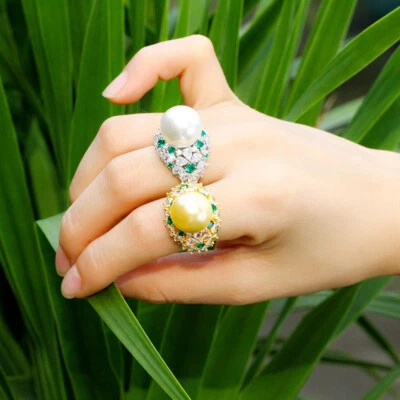 Anillo de compromiso redondo ajustable plateado circonita verde cristal perla para novias Foto 1 de 4