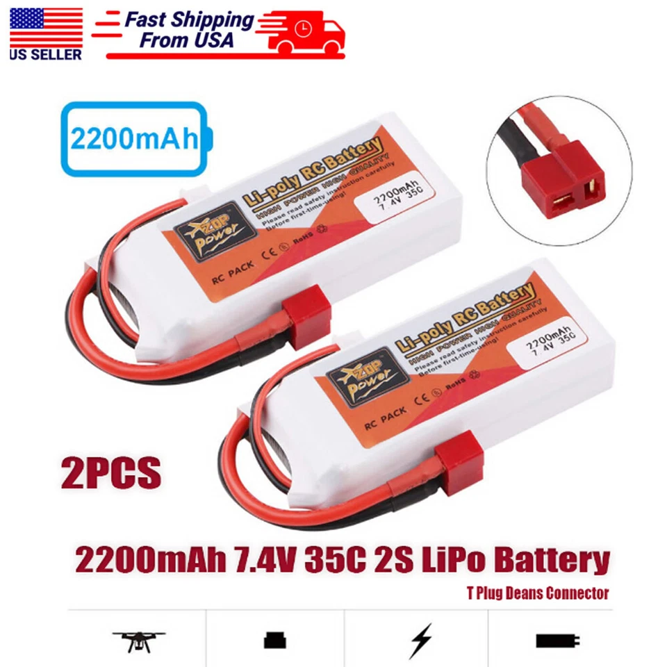2 PIEZAS 200mAh 7.4V 2S LiPo Batería T Plug Deans Conector Coche Avión Helicóptero Foto 1 de 4