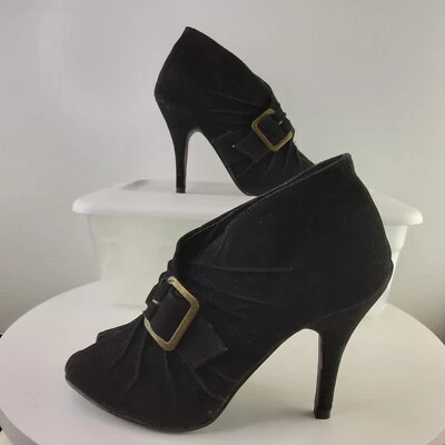 Charles Albert Black Open Toe Faux Cowsuede Heels With Buckle - Image 1 of 4