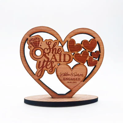 Engraved Wood She Said Yes Hearts Engagement Ring  Keepsake Personalised Gift - Image 1 of 3