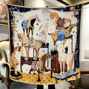 High-end silk and wool scarf with eight different horse designs - Picture 1 of 15