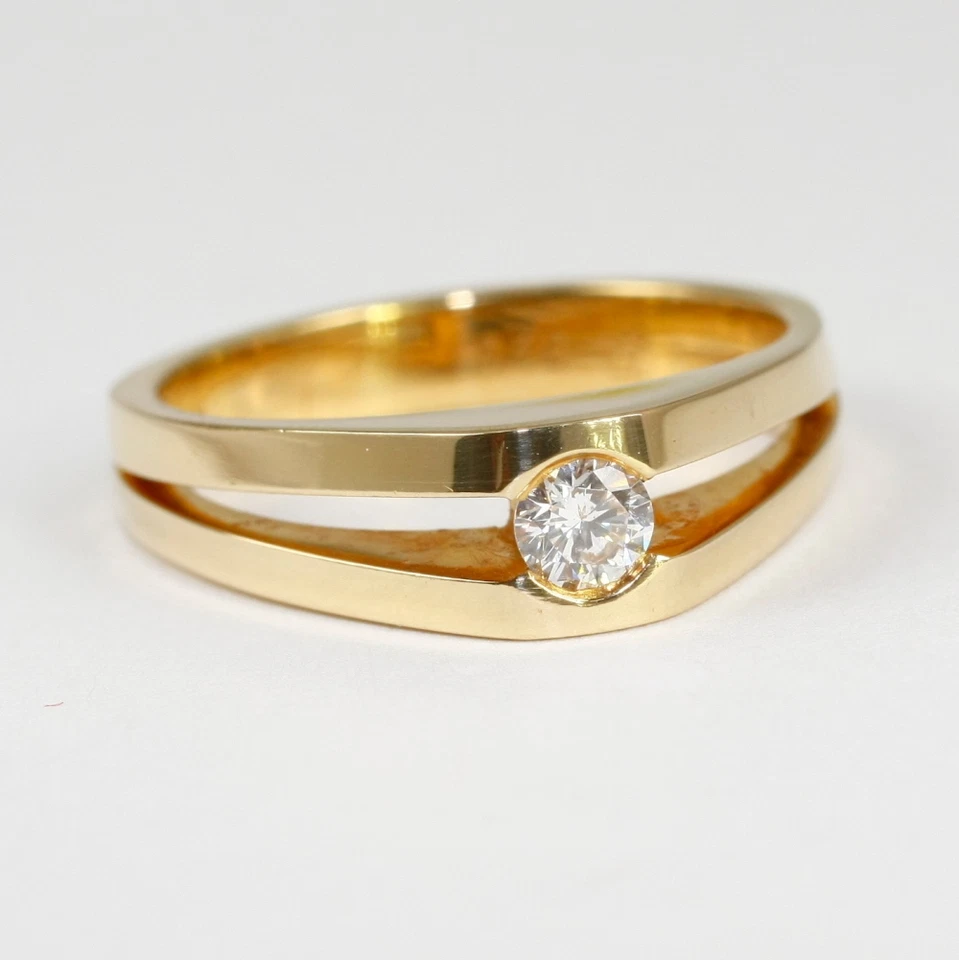 Bague Massive En Or Jaune 585 Avec 1 Diamant 0,20 Carat, Blanc, Si Solitaire - Photo 1/1