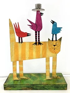 ACME Animal Canada Cat With 3 Birds, Taper Candle Holder Handcrafted Signed - Picture 1 of 10