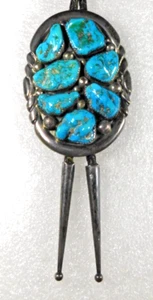 ZUNI EYM STERLING Stamped Domed 7 TURQUOISE Nuggets HANDMADE Vintage BOLO TIE - Picture 1 of 7