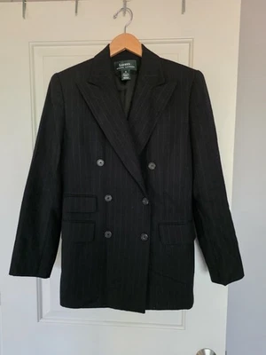 Blazer Ralph Lauren negro con rayas de lana de doble botonadura para mujer talla 4 bolsillo sintético Foto 1 de 4