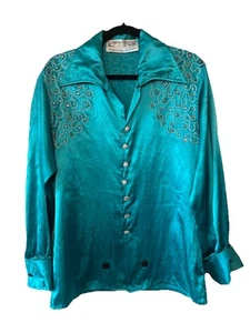 VTG Handmade 70’s Glam Rock Turquoise Circus Preformer Show Piece Blouse M - Picture 1 of 20