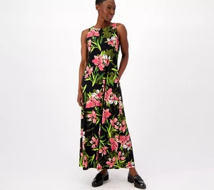 Susan Graver Pet Printed Liquid Knit Maxi Dress w/ Pockets Black Pet XL A593380 - Picture 1 of 1