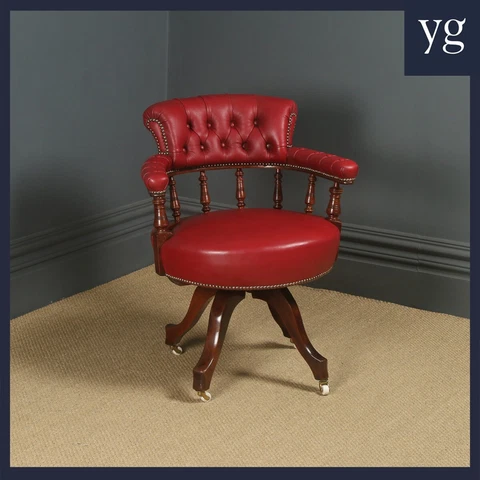 Antique English Victorian Mahogany & Crimson Red Leather Revolving  Desk Chair Cover