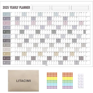 2025 Yearly Wall Calendar with Holidays One Page with Stickers Horizontal - Picture 1 of 6