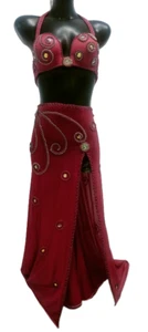 Ägyptischer Bauchtanz Kostüm BH & Rock Set Profi Tanzen Rot & Silber Perlen - Bild 1 von 8