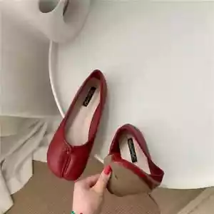 Women's Fashion Leather Bowtie Tabi Split Toe Mid Heel Ballet Court Shoes - Picture 1 of 26